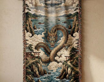 Japanese Culture Spiritual Dragon Woven Blanket Oriental Sea Serpent Throw, Asian Illustration Tapestry Fantasy Home Decor Best Friend Gift