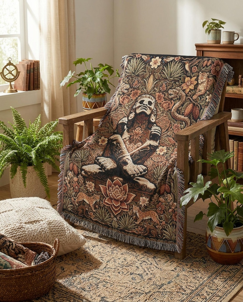 Xochipilli Prince of Flowers Woven Tapestry | Dark Botanical Throw Blanket | Aztec Mystic Wall Hanging | Ancestral Boho Shamanic Decor Gift WovenThrow 52x37"