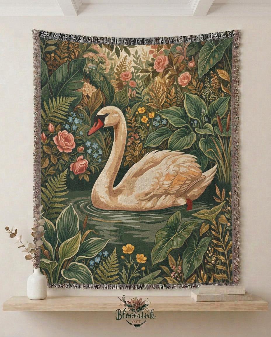 Swan Woven Blanket Botanical Floral Throw Nature Garden Decor Dreamy Bedroom Gift Velveteen Couch Blanket Cottagecore Tapestry