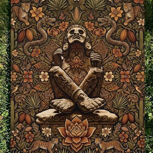 Xochipilli Prince of Flowers Woven Tapestry | Dark Botanical Throw Blanket | Aztec Mystic Wall Hanging | Ancestral Boho Shamanic Decor Gift VelveteenBlkt 60x80"