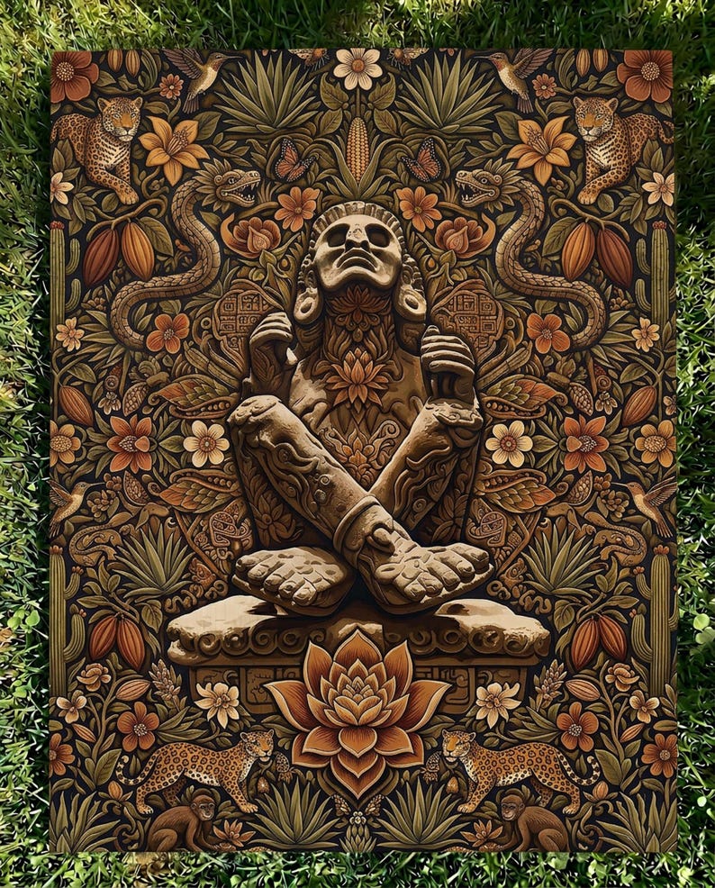 Xochipilli Prince of Flowers Woven Tapestry | Dark Botanical Throw Blanket | Aztec Mystic Wall Hanging | Ancestral Boho Shamanic Decor Gift VelveteenBlkt 60x80"