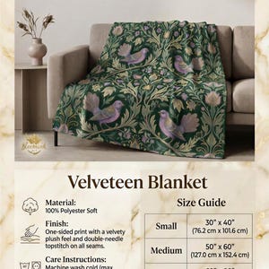 May include: Velveteen blanket with a botanical design featuring birds and foliage in shades of green, purple, and gold. The blanket is displayed on a sofa. Available sizes are 30" x 40", 50" x 60", and 60" x 80".