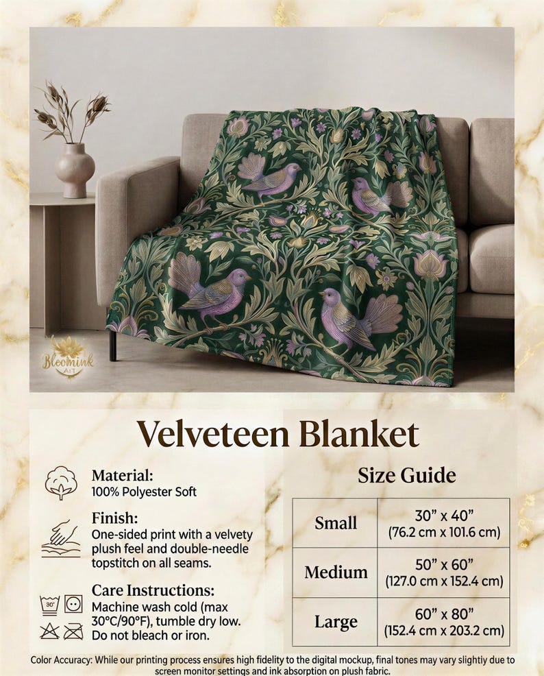May include: Velveteen blanket with a botanical design featuring birds and foliage in shades of green, purple, and gold. The blanket is displayed on a sofa. Available sizes are 30" x 40", 50" x 60", and 60" x 80".