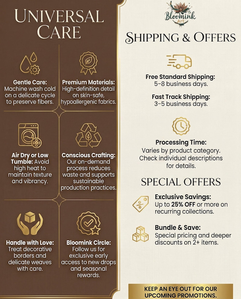 May include: A promotional graphic with text about product care, including gentle washing, premium materials, and conscious crafting. It also highlights shipping details and special offers, such as exclusive savings and bundle deals.