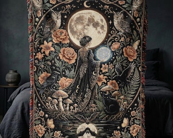 Witchy Moon Decor Tapestry Blanket Full Moon Magic Spell Casting Occult Symbols Witch Ritual Wiccan Woman Gothic Dark Cottagecore Throw