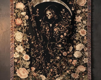 Santa Muerte Woven Blanket, Grim Reaper Dark Floral Tapestry, Home Altar Decor Throw, Gothic Skeleton Saint Bedroom Wall Hanging Art Gift