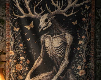 Wendigo Woven Blanket Gothic Cryptid Home Decor Witchy Dark Academia Whimsigoth Forest Spirit Skeleton Throw Tapestry Wall Hanging Gift