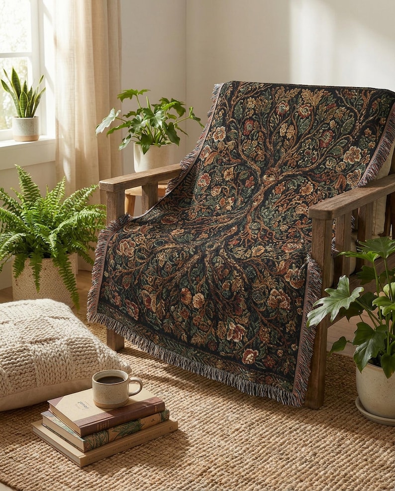 Tree of Life Woven Tapestry Wall Hanging | Dark Botanical Throw Blanket | Pagan Celtic Nature Decor | Witchy Cottagecore Fringe Gift WovenThrow 52x37"
