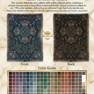 May include: Image shows two woven blankets with floral designs, labeled "Front" and "Back." The front blanket is dark blue with green and pink floral patterns. The back blanket is brown with similar patterns. A color guide with 195 colors is also shown.