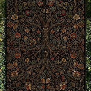 Tree of Life Woven Tapestry Wall Hanging | Dark Botanical Throw Blanket | Pagan Celtic Nature Decor | Witchy Cottagecore Fringe Gift VelveteenBlkt 30x40"