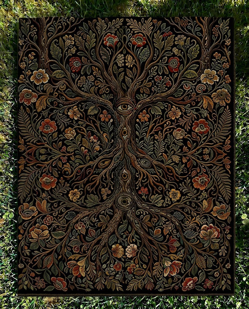 Tree of Life Woven Tapestry Wall Hanging | Dark Botanical Throw Blanket | Pagan Celtic Nature Decor | Witchy Cottagecore Fringe Gift VelveteenBlkt 30x40"