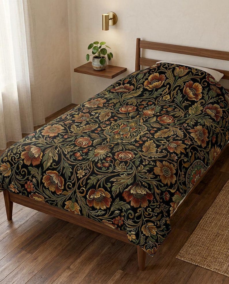 Dark Floral Woven Throw Blanket | Victorian Botanical Tapestry Blanket | Cottagecore Sofa Throw | Dark Academia Home Decor Gift VelveteenBlkt 80x60"