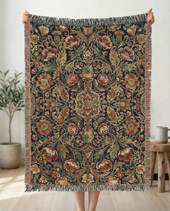 Dark Floral Woven Throw Blanket | Victorian Botanical Tapestry Blanket | Cottagecore Sofa Throw | Dark Academia Home Decor Gift
