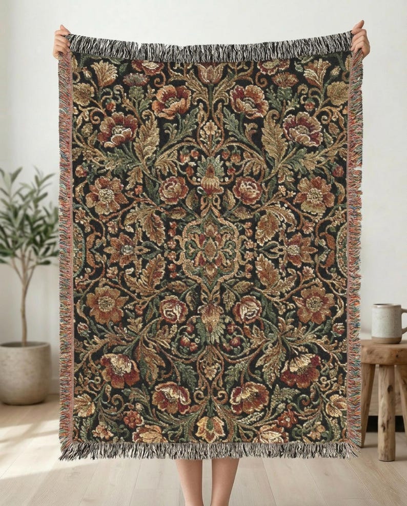 Dark Floral Woven Throw Blanket | Victorian Botanical Tapestry Blanket | Cottagecore Sofa Throw | Dark Academia Home Decor Gift image 2