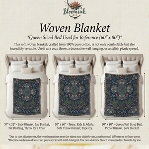 May include: Woven blanket with a botanical design, available in multiple sizes. The image shows the blanket on beds, with sizes ranging from 37" x 52" to 60" x 80". The blanket is made of 100% pure cotton and can be used as a throw or wall hanging.