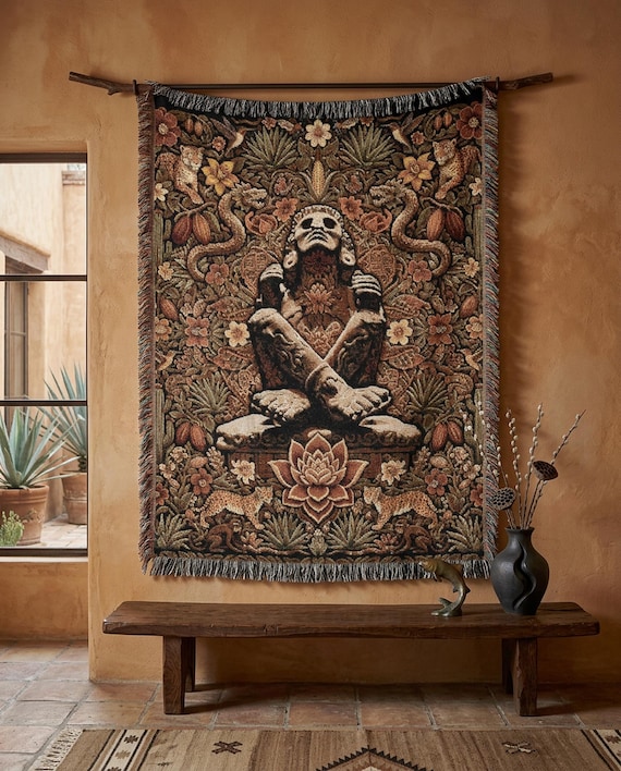 Xochipilli Prince of Flowers Woven Tapestry | Dark Botanical Throw Blanket | Aztec Mystic Wall Hanging | Ancestral Boho Shamanic Decor Gift
