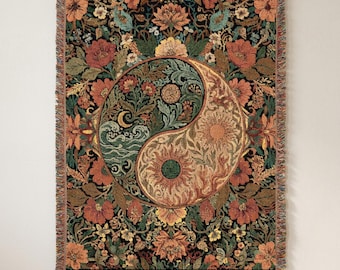 Yin Yang Woven Throw Blanket Floral Dark Botanical Dualism Boho Spiritual Cottagecore Tapestry Bed Decor Yoga Fringe Blanket Spiritual Gift