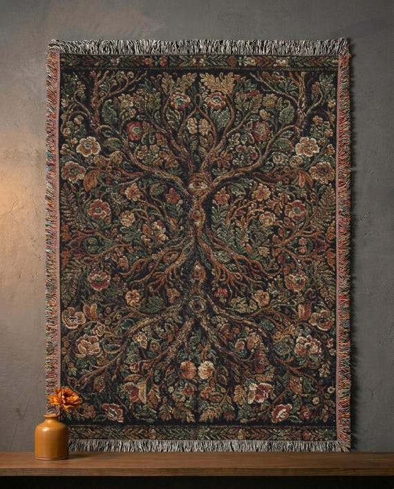 Tree of Life Woven Tapestry Wall Hanging | Dark Botanical Throw Blanket | Pagan Celtic Nature Decor | Witchy Cottagecore Fringe Gift