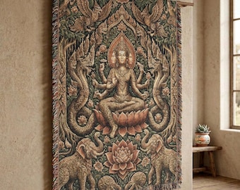 Lakshmi Goddess Woven Tapestry Jungle Guardian Elephant Blanket Dark Botanical Fantasy Wall Hanging Mystic Sacred Lotus Boho Home Decor Gift
