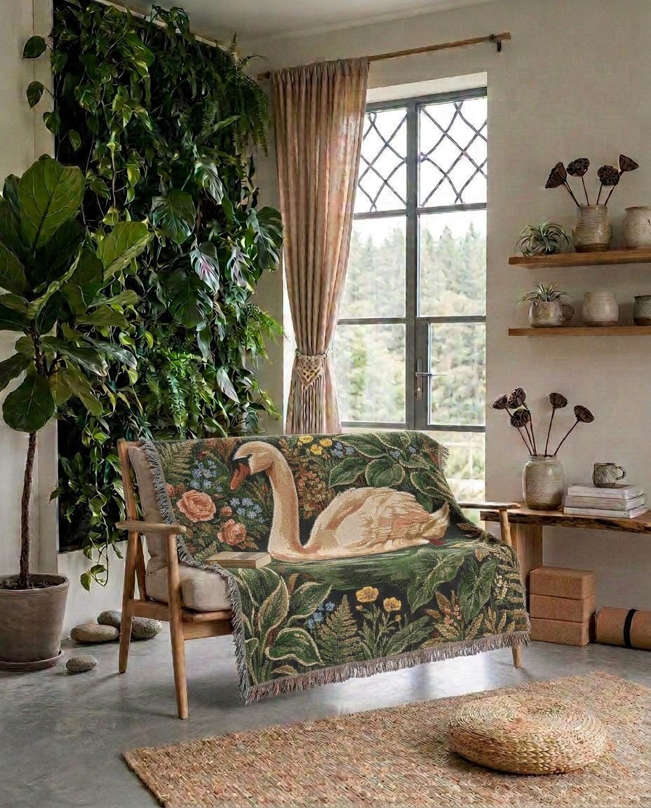 Swan Woven Blanket Botanical Floral Throw Nature Garden Decor Dreamy Bedroom Gift Velveteen Couch Blanket Cottagecore Tapestry