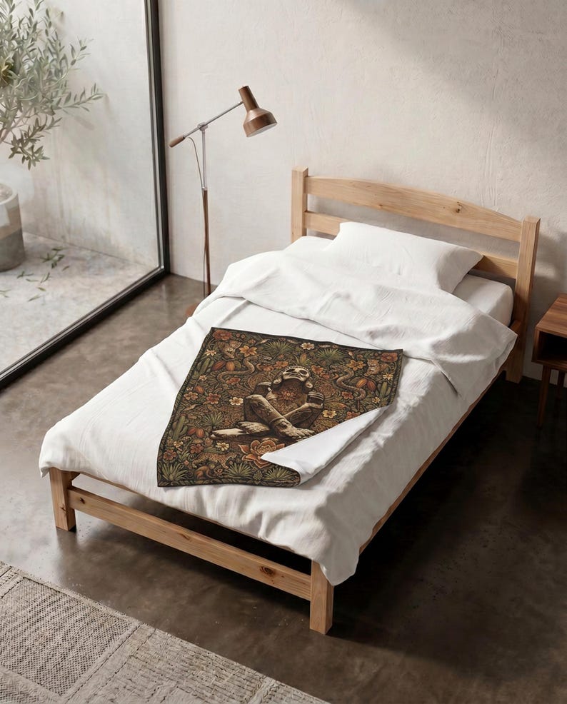 Xochipilli Prince of Flowers Woven Tapestry | Dark Botanical Throw Blanket | Aztec Mystic Wall Hanging | Ancestral Boho Shamanic Decor Gift VelveteenBlkt 30x40"