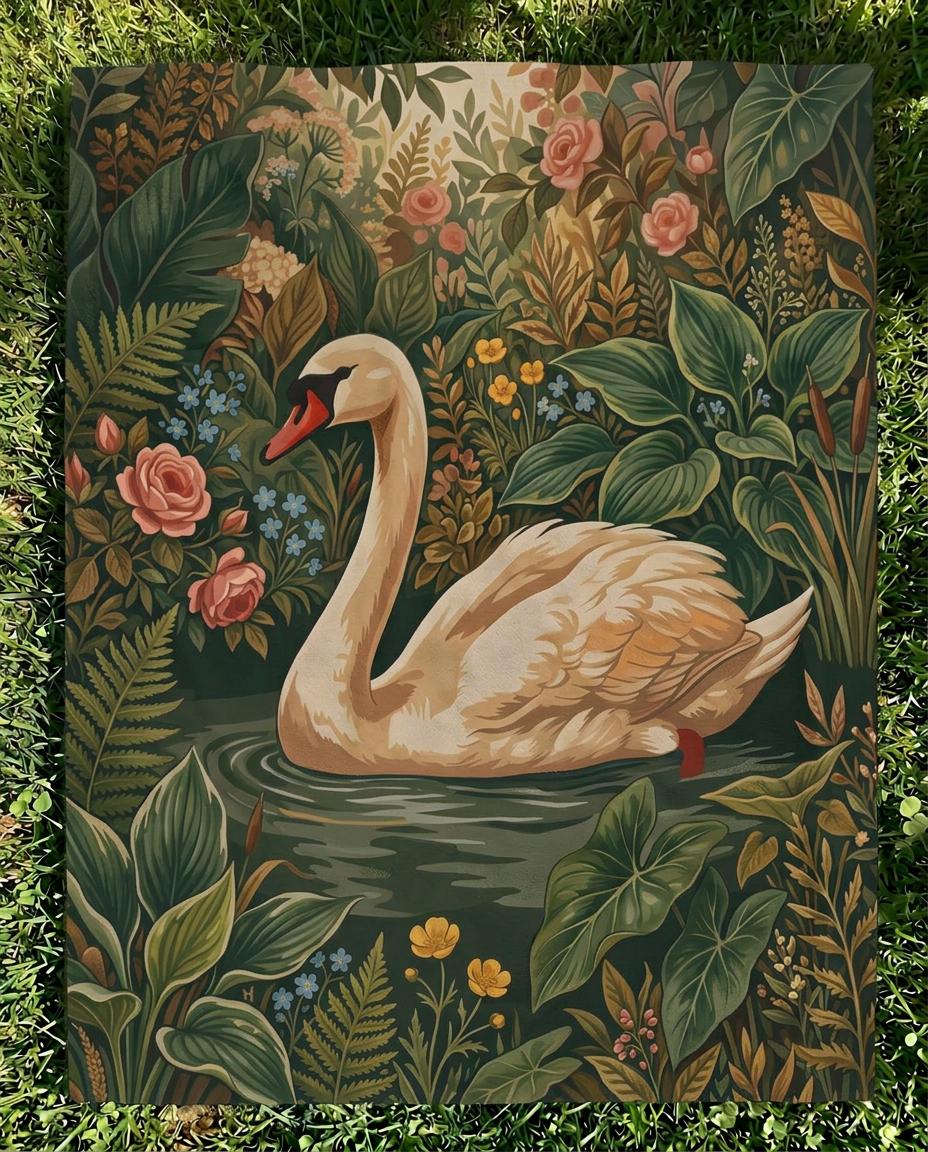 Swan Woven Blanket Botanical Floral Throw Nature Garden Decor Dreamy Bedroom Gift Velveteen Couch Blanket Cottagecore Tapestry