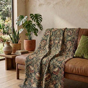 Dark Floral Woven Throw Blanket | Victorian Botanical Tapestry Blanket | Cottagecore Sofa Throw | Dark Academia Home Decor Gift image 7