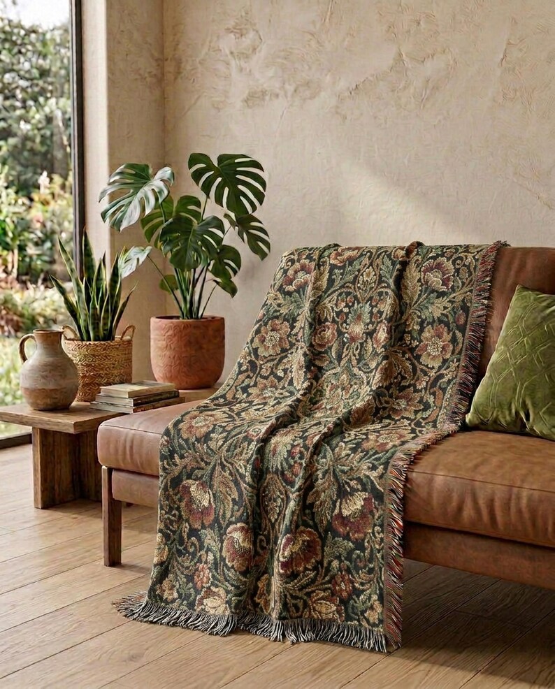 Dark Floral Woven Throw Blanket | Victorian Botanical Tapestry Blanket | Cottagecore Sofa Throw | Dark Academia Home Decor Gift image 7
