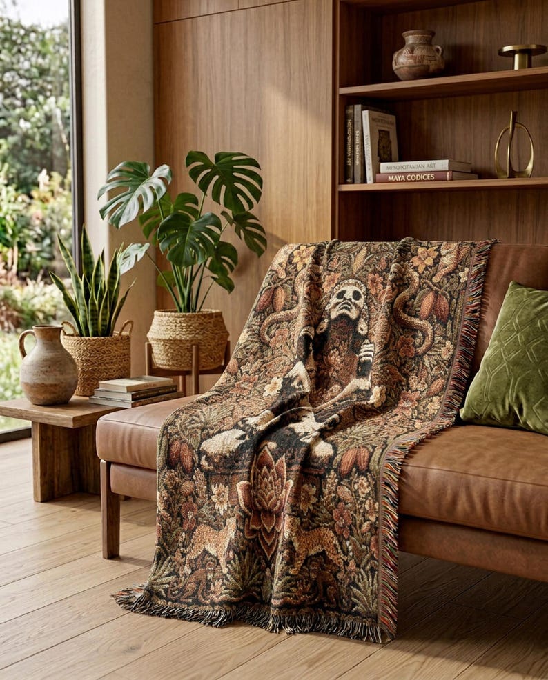 Xochipilli Prince of Flowers Woven Tapestry | Dark Botanical Throw Blanket | Aztec Mystic Wall Hanging | Ancestral Boho Shamanic Decor Gift immagine 6