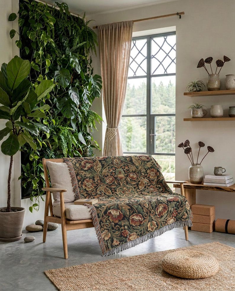 Dark Floral Woven Throw Blanket | Victorian Botanical Tapestry Blanket | Cottagecore Sofa Throw | Dark Academia Home Decor Gift WovenThrow 60x50"