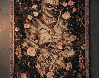 Mummy Floral Blanket, Halloween Home Decor Gift, Gothic Botanical Throw, Mummy Lover Gift, Dark Academia Tapestry, Spooky Wall Art
