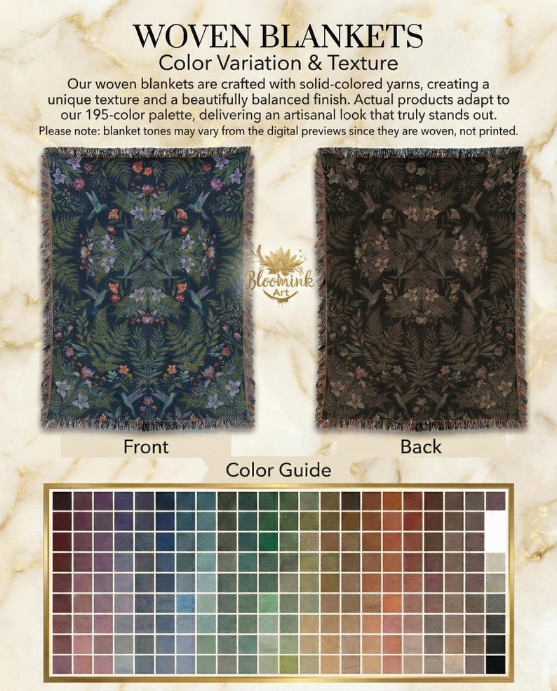Pu&ograve; includere: L'immagine mostra due coperte tessute con disegni floreali, etichettate "Davanti" e "Dietro". La coperta anteriore &egrave; blu scuro con motivi floreali verdi e rosa. La coperta posteriore &egrave; marrone con motivi simili. Viene mostrata anche una guida ai colori con 195 colori.