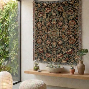 Dark Floral Woven Throw Blanket | Victorian Botanical Tapestry Blanket | Cottagecore Sofa Throw | Dark Academia Home Decor Gift image 6