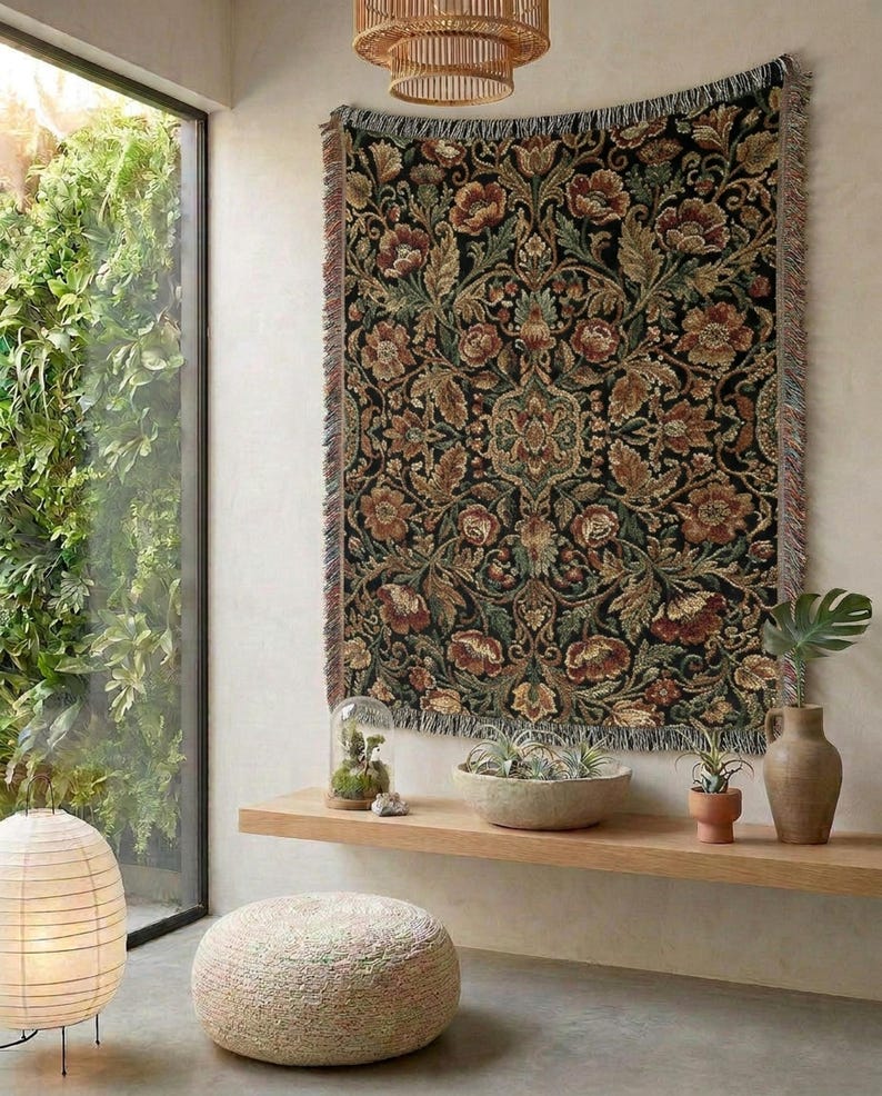 Dark Floral Woven Throw Blanket | Victorian Botanical Tapestry Blanket | Cottagecore Sofa Throw | Dark Academia Home Decor Gift image 6
