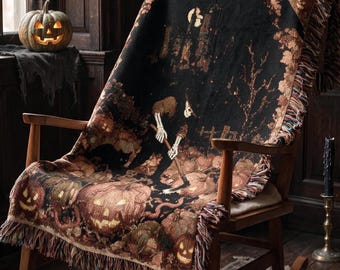 Skull Harvest Halloween Pumpkins Blanket Gothic Decor Throw Autumn Harvest Tapestry Spooky Cottagecore Haunted Castle Witchcore Bedroom Gift