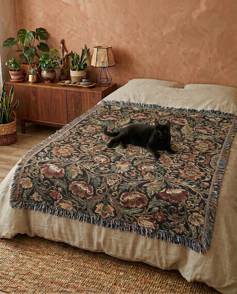 Dark Floral Woven Throw Blanket | Victorian Botanical Tapestry Blanket | Cottagecore Sofa Throw | Dark Academia Home Decor Gift WovenThrow 80x60"