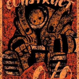 May include: A black and orange illustration of a robot with the text "CONSTRICT 0/0" and "PROPHECY" on a red background.