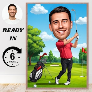 Personalized Golfer Caricature Portrait: Custom Cartoon Golf Gift (Digital Download A4 Size)