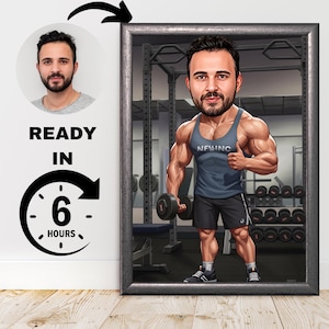 Retrato de dibujos animados de gimnasio personalizado / Caricatura de entrenador de fitness personalizada / Regalo para entrenador de fitness / Caricatura de levantador de pesas / Regalo para gimnasio