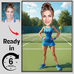 Custom Female Tennis Player Caricature Portrait – Personalized Cartoon Drawing from Photo – Sports Character Gift