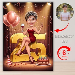 Custom 25th Birthday Caricature from Photo, Personalized Cartoon Portrait with Balloons, Cake & Confetti, Funny Gift for Girlfriend/Her