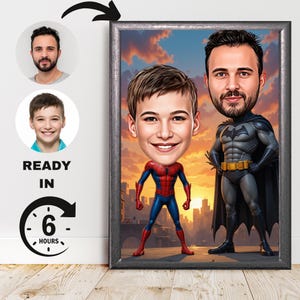 Benutzerdefiniertes Super Dad and Son Cartoon Portrait, Super Dad Portrait, Papas Geschenk, Super Dad Karikatur, Superheldenkarikatur, Superheldengeschenk
