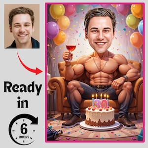 Gepersonaliseerd 30e cartoonportret, aangepaste karikatuurtekening gelukkige verjaardag, grappige karikatuur, cadeau voor haar, gelukkige 30e, 30e, 30e verjaardag