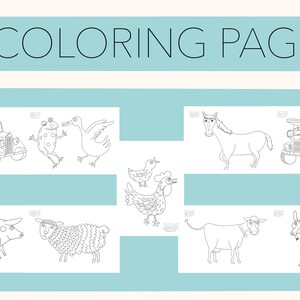 May include: Nine black and white coloring pages featuring farm animals, a truck, a bus, a frog, a duck, a horse, a chicken, a pig, a sheep, a cow, and a goat.  The title "9 Coloring Pages" is at the top of the page.