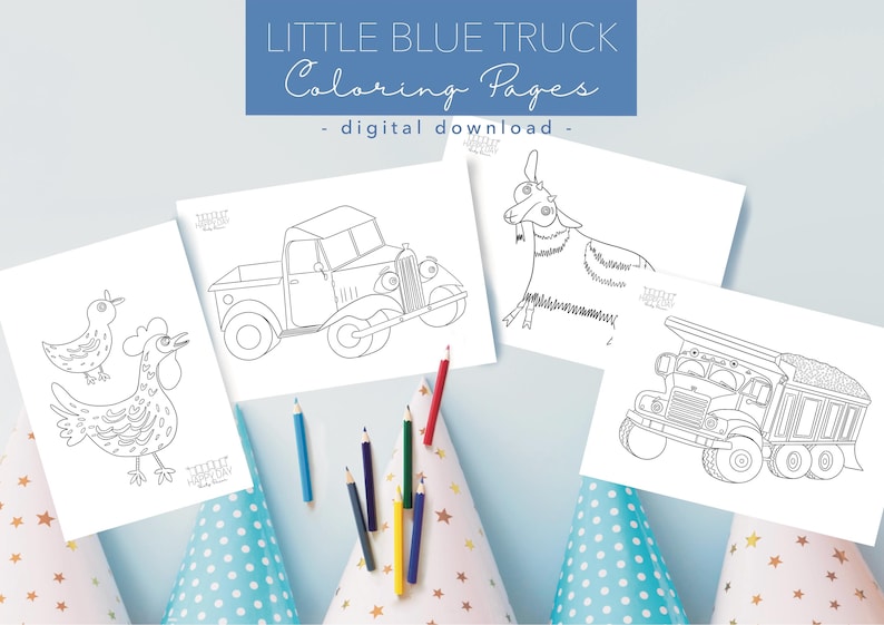 May include: A set of four printable coloring pages featuring a blue truck, a chicken, a bird, and a goat. The pages are titled "Little Blue Truck Coloring Pages - digital download".