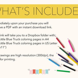 May include: A digital download of 9 Little Blue Truck coloring pages in two sizes: 8.5 inches by 11 inches and A4. The coloring pages are high resolution (300dpi) and are best for printing. The image shows a bundle of colored pencils on a white background.