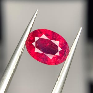Puede incluir: Una vibrante gema de rubí de corte ovalado, sujeta con pinzas plateadas. El rubí es de color rojo intenso con una inclusión en forma de estrella en el centro. La gema está pulida y refleja la luz.