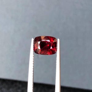 May include: A deep red, cushion-cut gemstone with a faceted surface that reflects light. The stone is held by a pair of silver-toned metal tweezers, showcasing its vibrant crimson color and symmetrical shape against a neutral background.