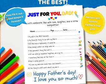 Father’s Day Questionnaire, Just For You Dad Print, Dad Gift from Kids, Printable pdf, Digital Download, Template Fathers Day, Daddy Gift