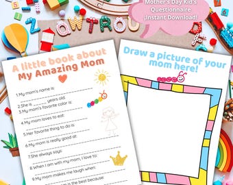 Mother's Day Questionnaire for Kids, Printable Mom Interview, First Mothers Day, Happy Mothers Day, Mom Birthday Gift, Coloring Page